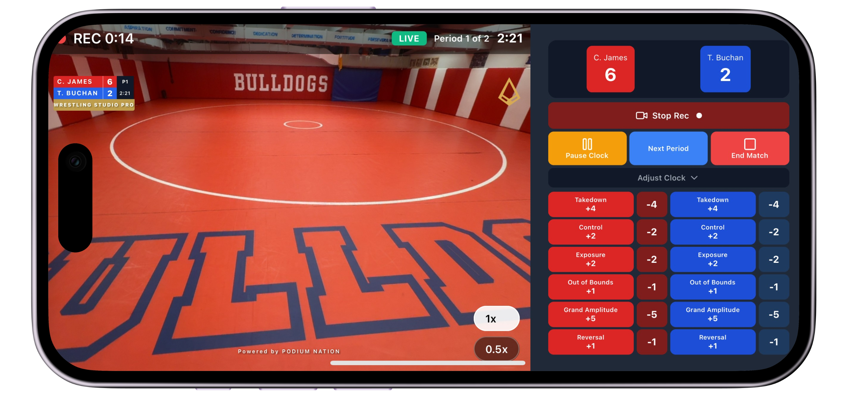 Wrestling Studio Pro app showing live match recording with scoreboard overlay